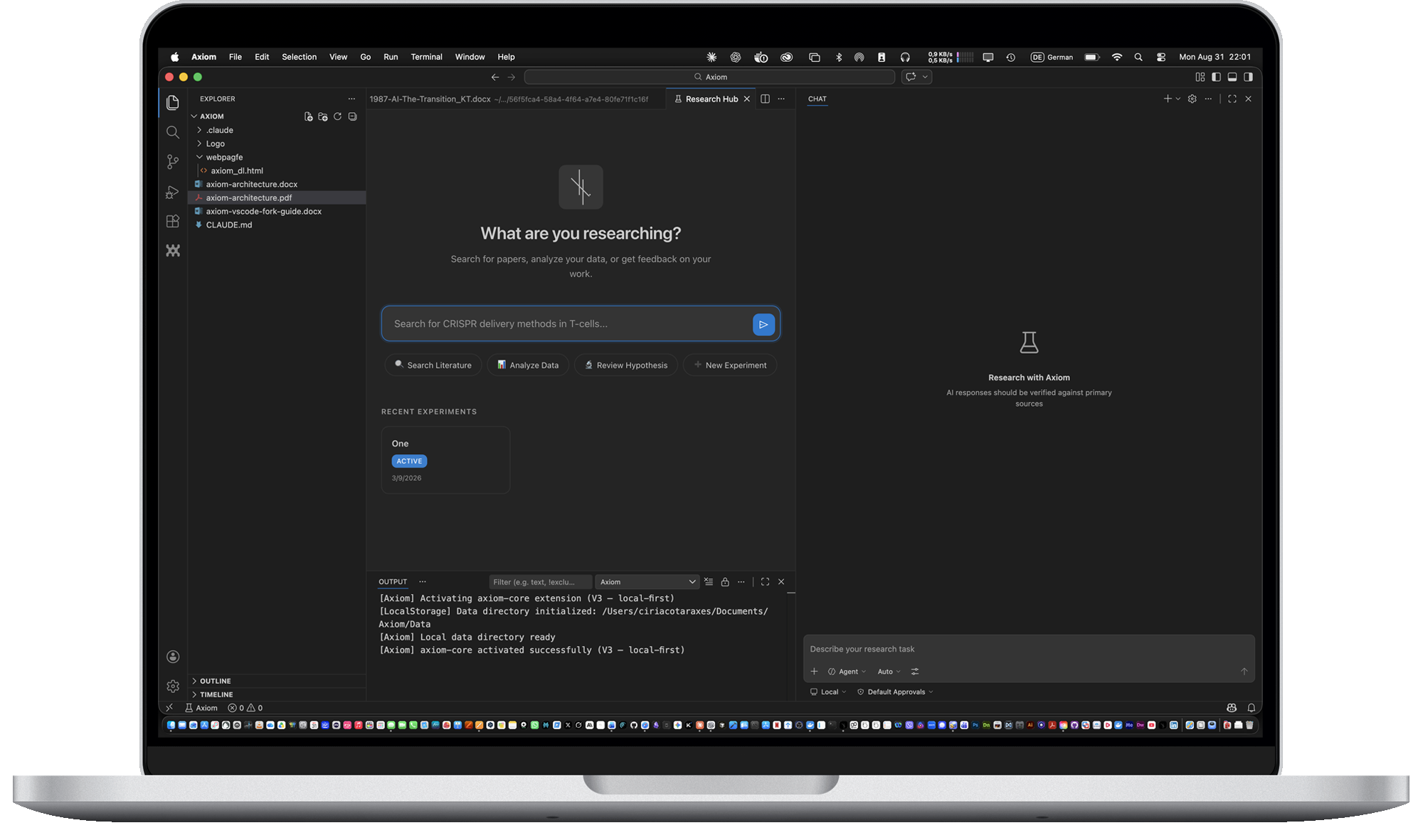 Axiom Research Operating System running on a MacBook Pro